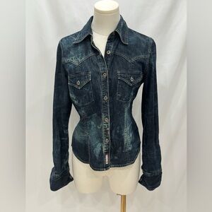 Vintage GUESS Denim Western Shirt M Acid Wash Fitted Button Up Macau 100Cot Rare